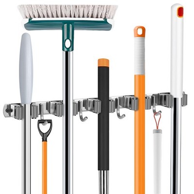 Broom Holder Wall Mount Stainless Steel Mop Hanger 5 Rack 4 Hook Grey