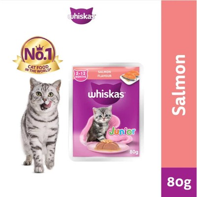 WHISKAS POUCH WET CAT FOOD FOR JUNIOR CATS  SALMON 80G (12 PACKS)  FREE SHIPPING