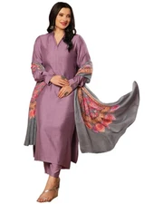 GoSriKi Women's Rayon Viscose Solid Straight Pakistani Kurta with Pant & Dupatta