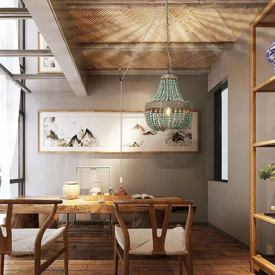 Lámpara de araña colgante de cuentas de madera enchufe de EE. UU. lámpara de iluminación accesorio de techo azul Foto 3 de 4