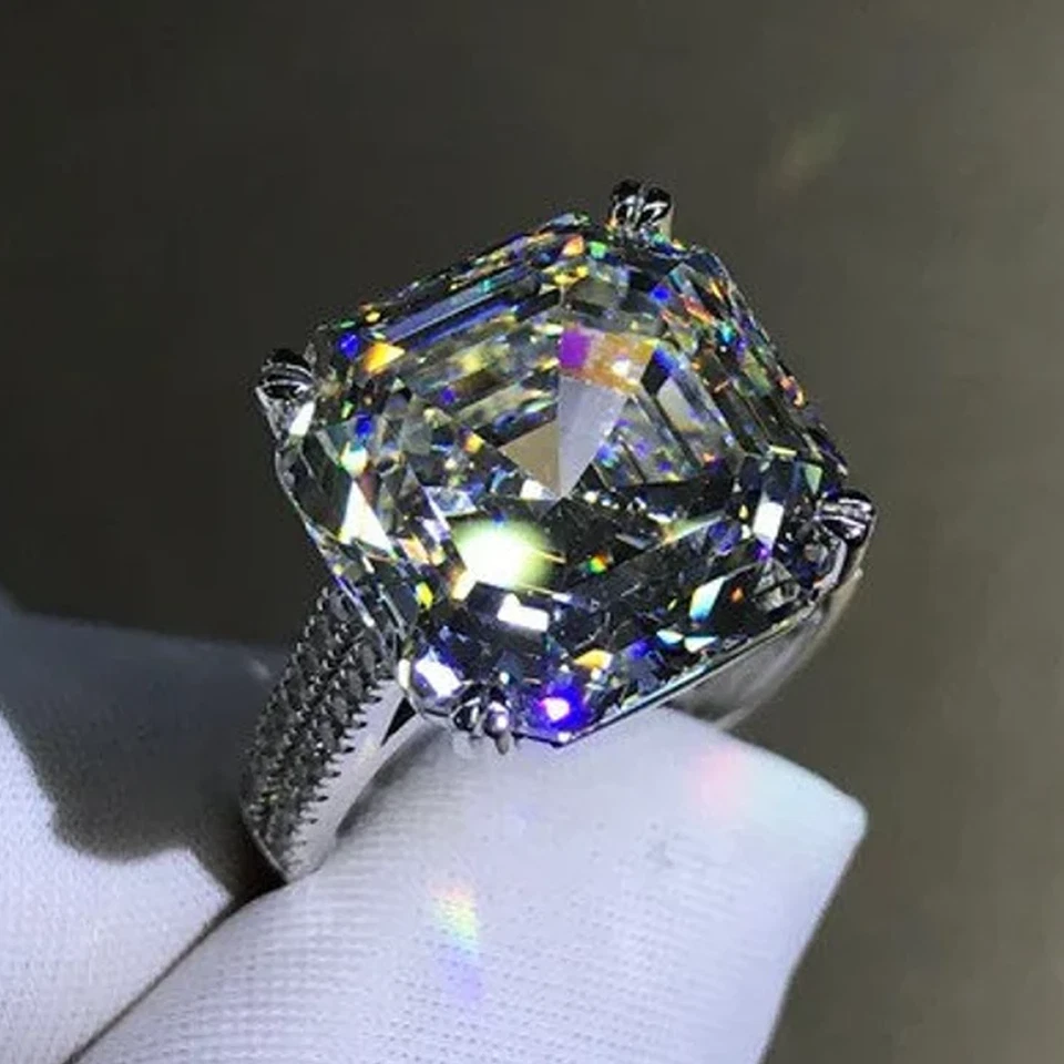 8.00 TCW Asscher Cut Moissanite Pave Set Engagement Ring 14K White Gold Plated - Image 2 of 4