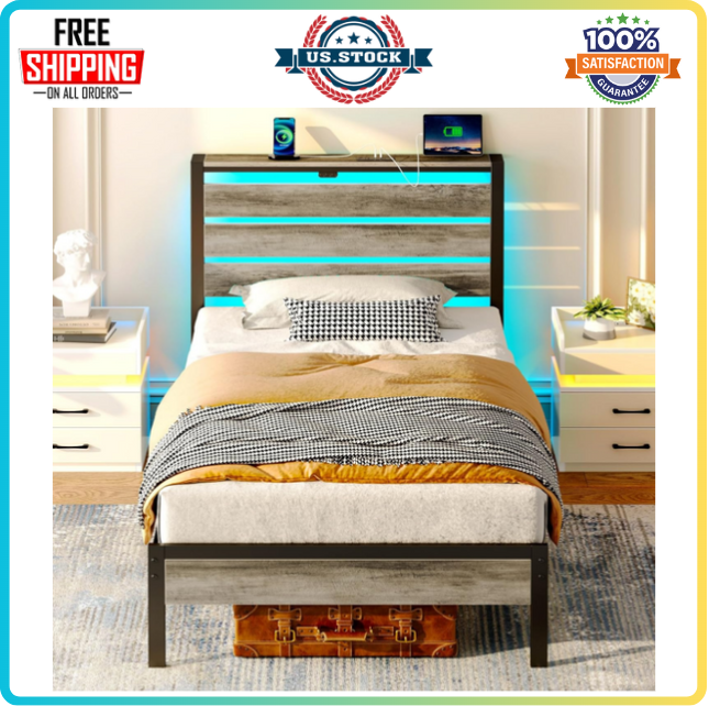 Rolanstar Bed Frame with USB Ports LED Lights Wood Headboard and Under Bed Storage-image