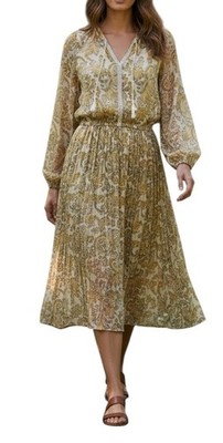 World Market Sz L/XL Womens Brown Tan Cottagecore Prairie Midi Dress