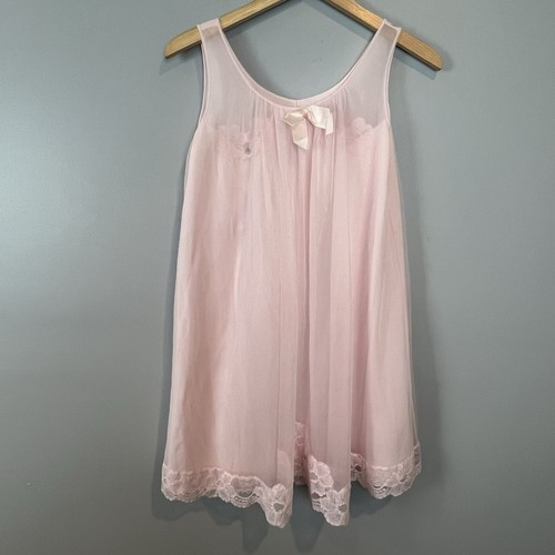 Vintage Pink chiffon Lace Trim Short Nightgown Nightie Babydoll Size Small