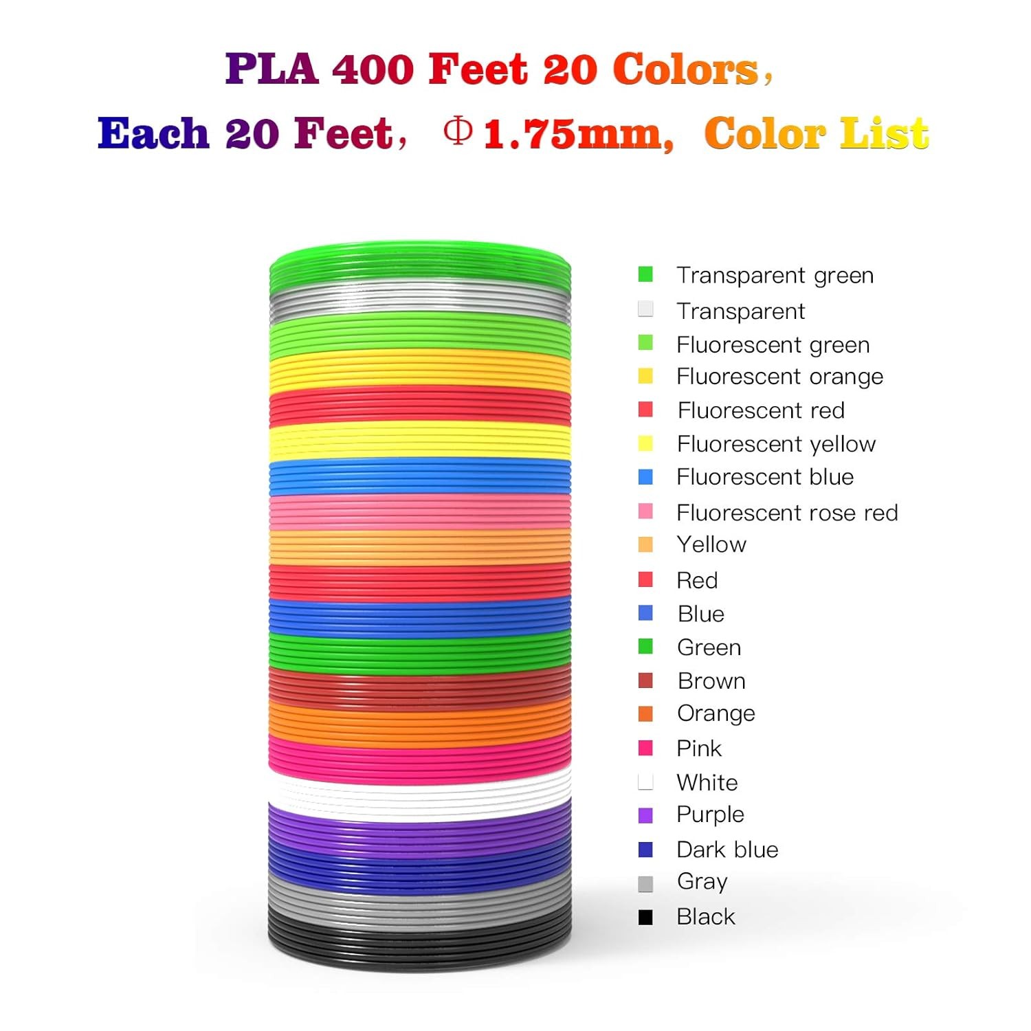 3D Pen Filament 400 Feet 20 Colors, dikale 3D Printing Pen Refills PLA Bonus 250