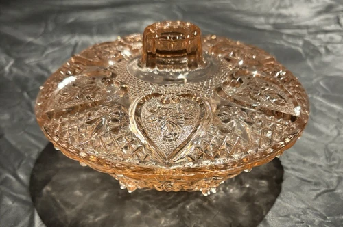 KIG Malaysia Vintage Pink Depression Glass 7" Candy Dish w/Lid Roses Hearts