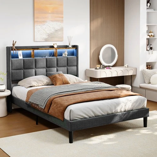 Polsterbett Doppelbett 140x200 cm Bett Bettgestell mit LED Licht /USB Lattenrost - Bild 31 von 40