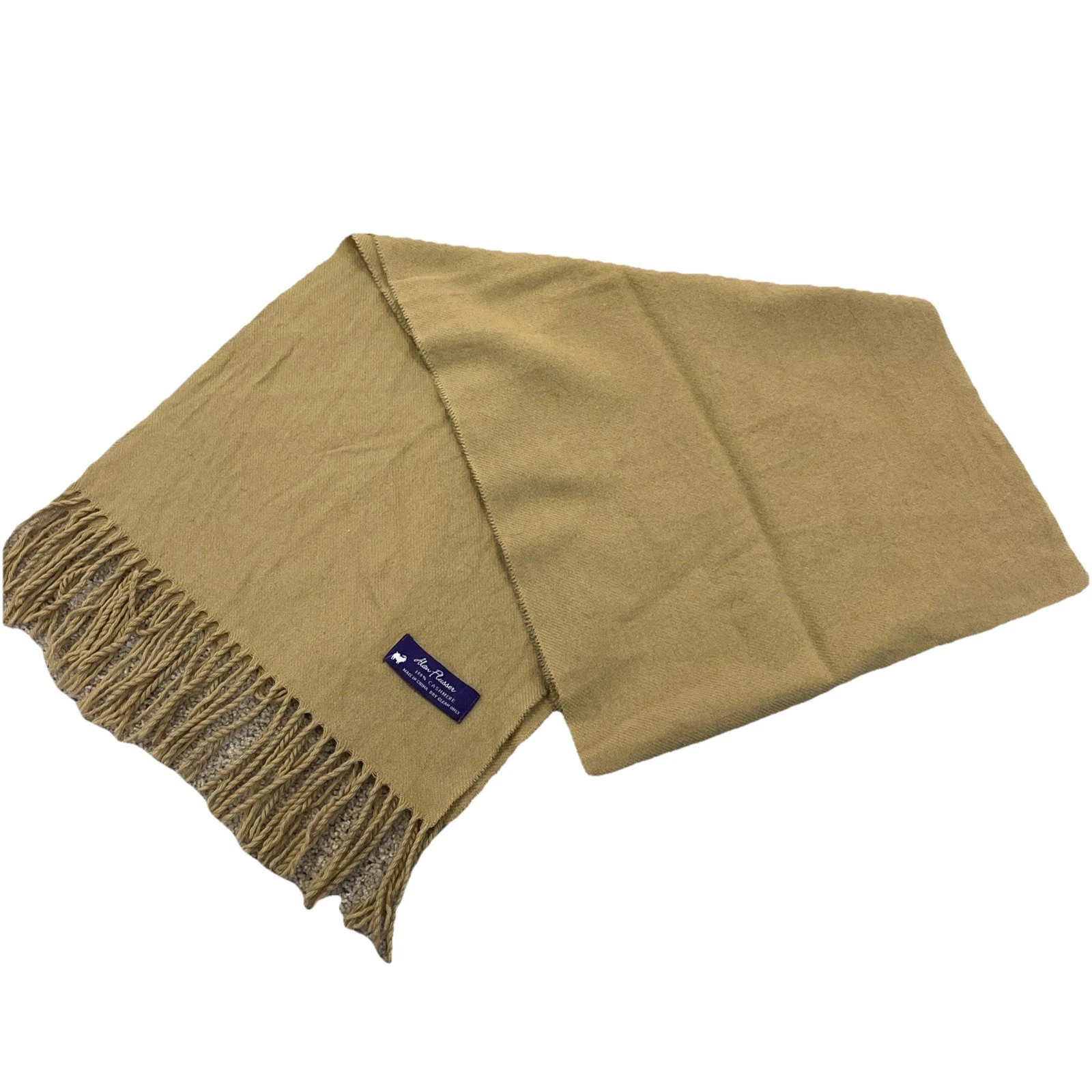 Alan Flusser 100% Cashmere Scarf Tan Beige Fringed Luxury Soft
