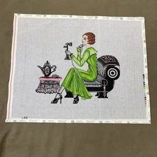 Lee Needlepoint Handpainted Canvas Vogue Vintage Lady with Telephone 16x12