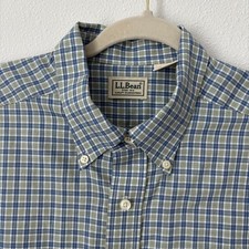 L.L. Bean Shirt Men's Large Blue Green Plaid Button Down Short Sleeves Pocket
