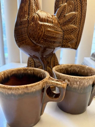 Set of 2Hull Pottery USA Brown Drip Glaze Coffee Mugs Cups 3 1/2" MCM