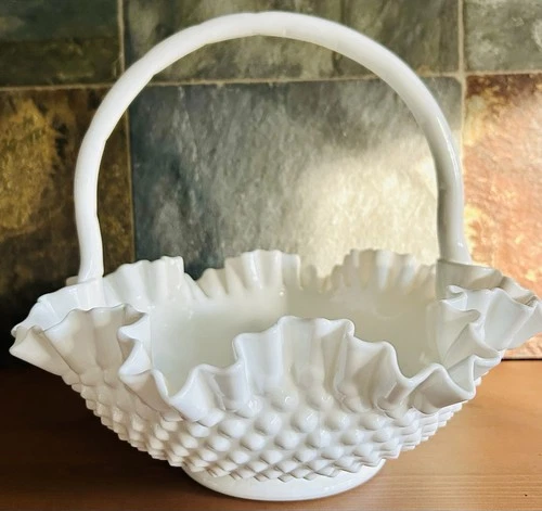 Fenton Milk Glass Hobnail Basket 3830 Ruffled Rim Large 10" Vintage 1950s