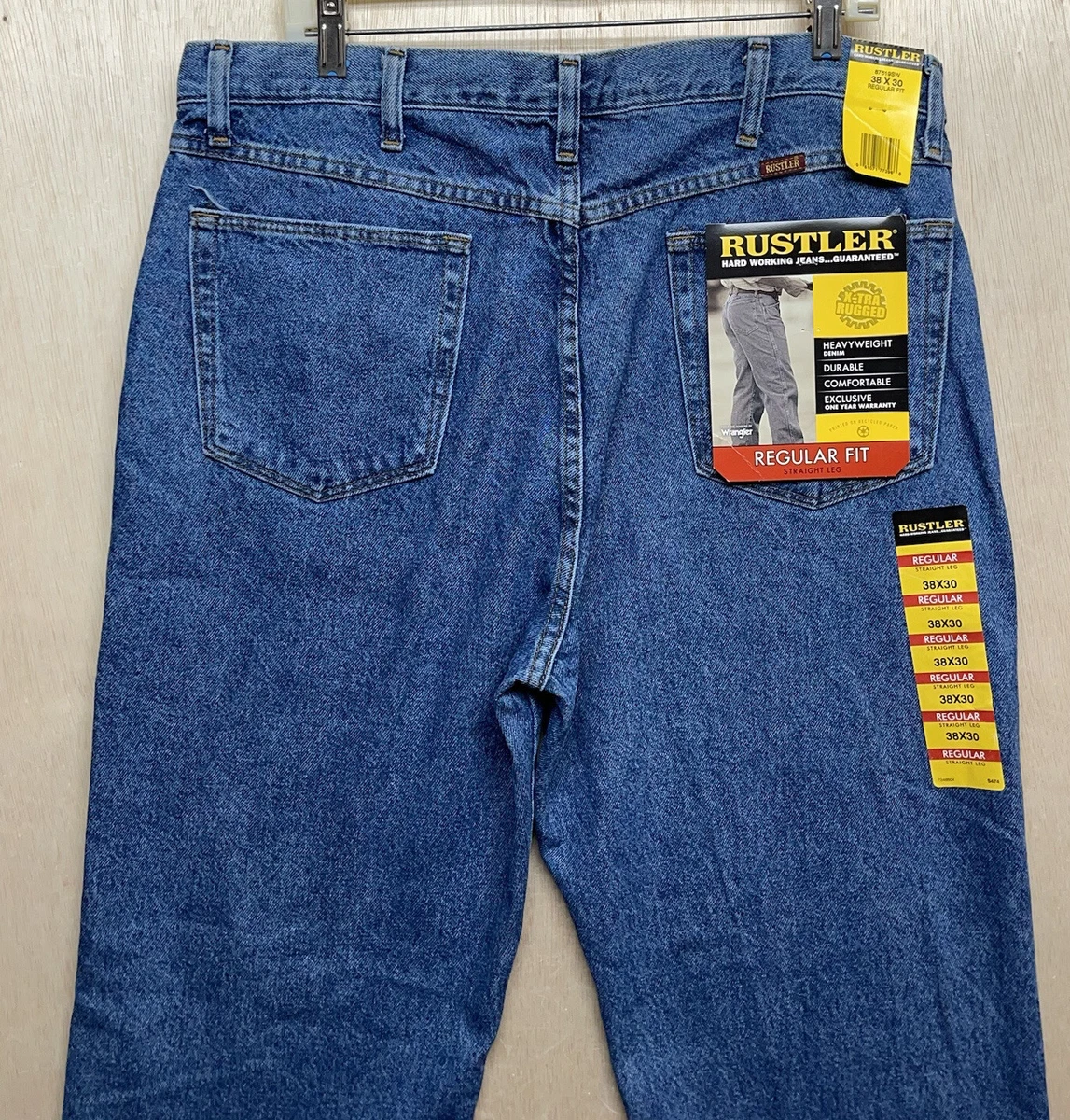 NWT Rustler Mens Jean s 38x30 Regular Fit Straight Leg Hard Working Blue Denim