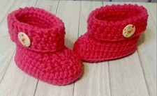 crochet handmade baby booties boots 6/9 month flower button pink rose