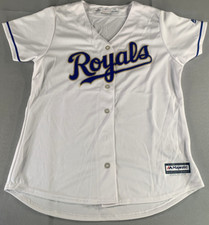 Majestic MLB Royals Cool Base Jersey Womens L White Blue Replica Button Front