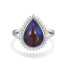 Ladies Solid 950 Platinum Cabochon Pear Cut Black Opal and Diamond Ring Size Q