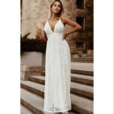 Beautiful White Lace Maxi Bridal V Neck Dress Size Small
