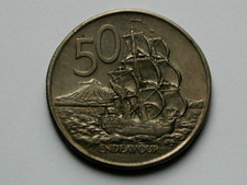 New Zealand 1972 50 CENTS Coin with Explorer James Cook Ship  HMS Endeavour 