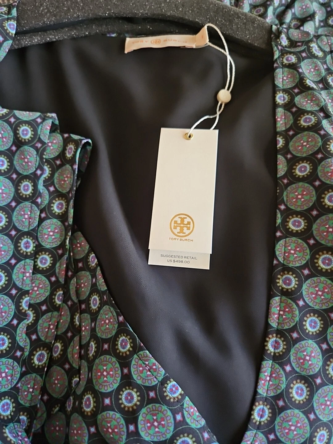 Abito Tory Burch arricciato midi avvolgente nero medaglione batik taglia 8 #D5029