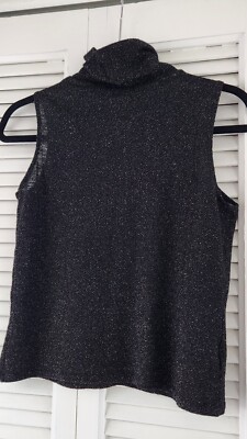 Ann Taylor Metallic Black Lightweight Wool Blend Sleeveless Turtleneck  Shell Med