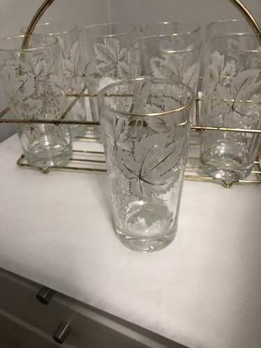 Vintage Libby 8 vasos hojas blancas y doradas con portador - Imagen 3 de 4