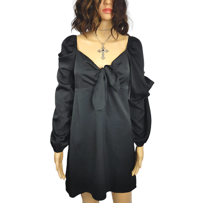 NEW ~ BLACK Anthropologie Silky Satin PUFF SLEEVE BOW FRONT Mini Dress ~  Large | eBay