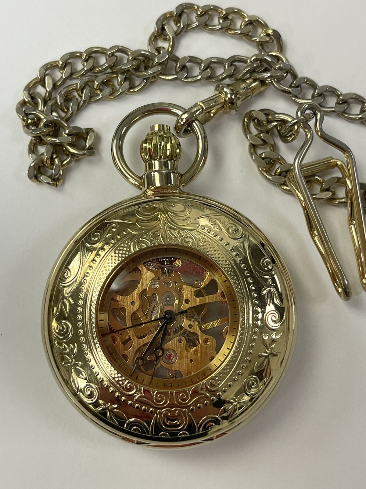 MAJESTI SKELETON POCKET WATCH & CHAIN GOLD TONE 17 JEWEL STEAMPUNK
