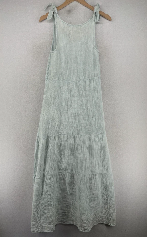 Vestido CUPIO XS Blush Algodón Gasa Arrugada Tanque En Niveles Maxi Sin Mangas Azul NUEVO Foto 3 de 4