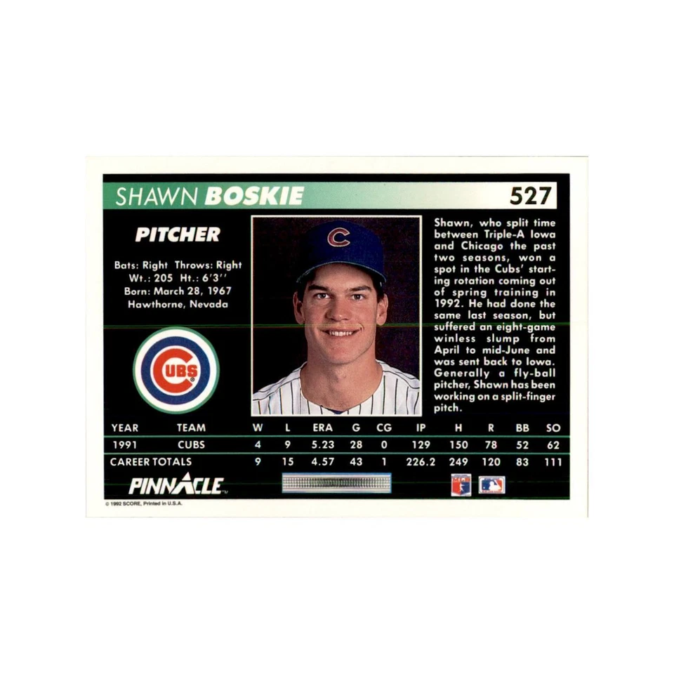 1992 Pinnacle Shawn Boskie Baseball Cards #527 - Image 2 of 3