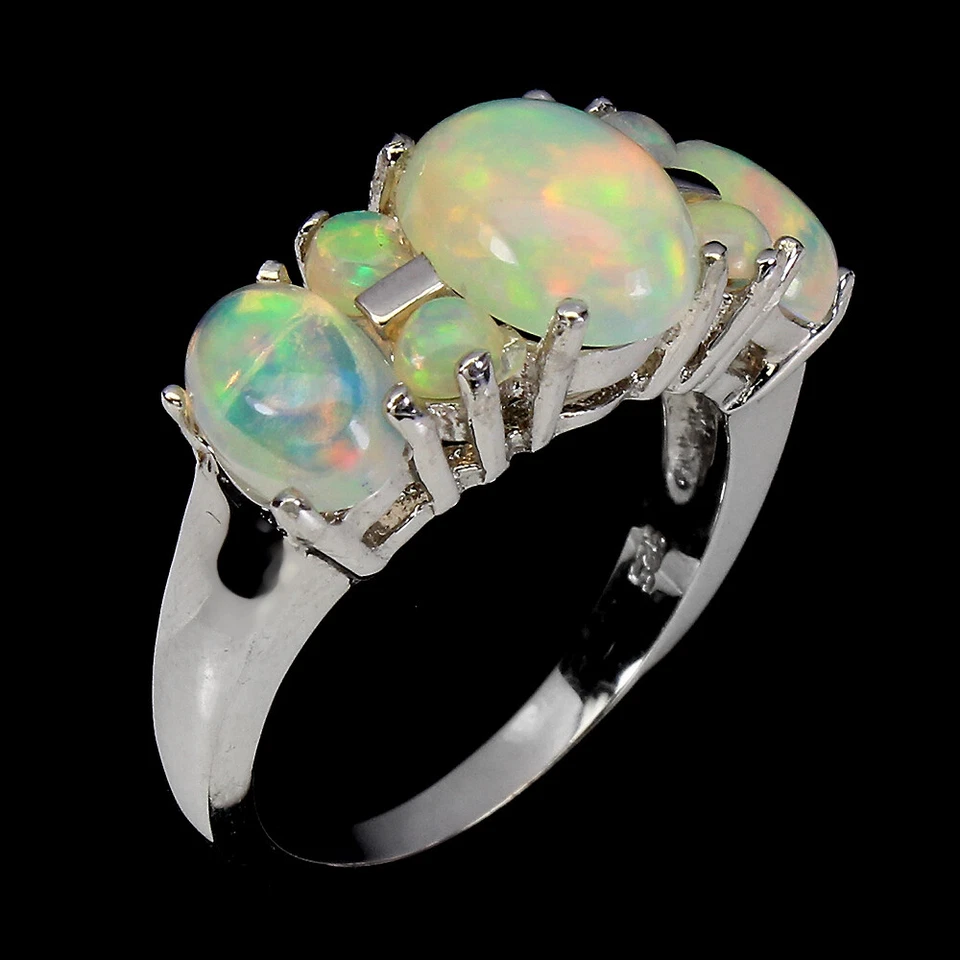 925 Anello Argento Sterling Ovale Fuoco Opale 9x7mm Naturale Gemma Gioielli - Immagine 2 di 4