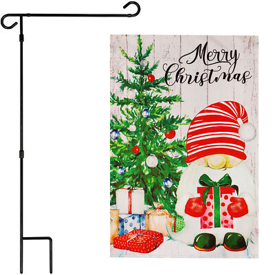 Garden Flag Stand BLK & Garden Flag Santa Gnome Present 12x18IN Blockout