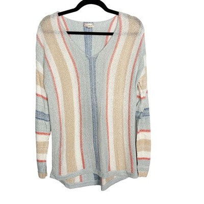 New Hem & Thread Small Blue Cream Striped Lightweight Knit V Neck Sweater Cotton