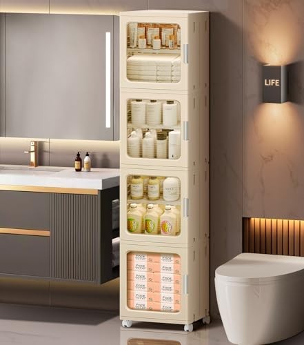 4-Tier Tall Narrow Bathroom Storage Cabinet 11.42"D x 14.57"W x 65.35"H Beige