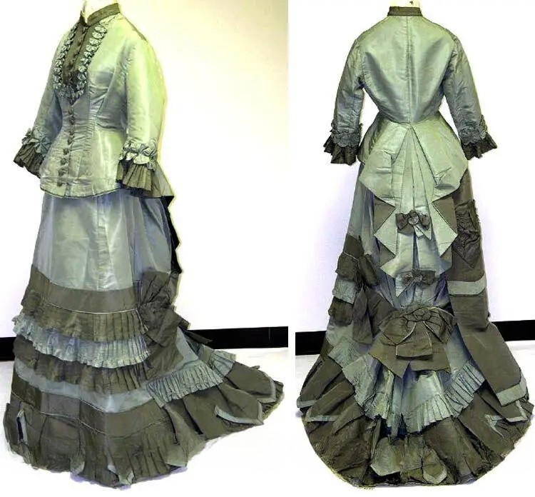 Vestido verde victoriano de la década de 1860 bullicioso vestido de baile victoriano duquesa caminar vintage