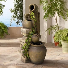 Cascading Rustic Asian Three Jugs Outdoor Floor Water Fountain 33" for Yard Home
