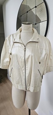 Zenergy Ivory Linen Zip Front Jacket Drawstring Collar Pockets 3/4 Sleeve S