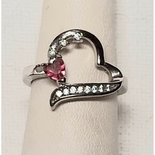 925 STERLING SILVER PINK AND CLEAR GEMS HEART RING SIZE 6 SKY