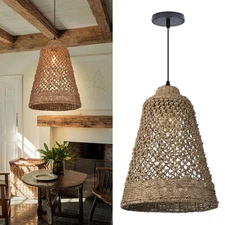 Wicker Pendant Light Fixture Basket Rattan Chandelier Handmade Pendant Lighti...
