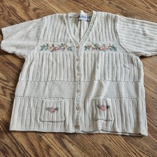 VTG Floral Embroidered Granny Grandmacore Cottagecore Knit Pointelle Cardigan