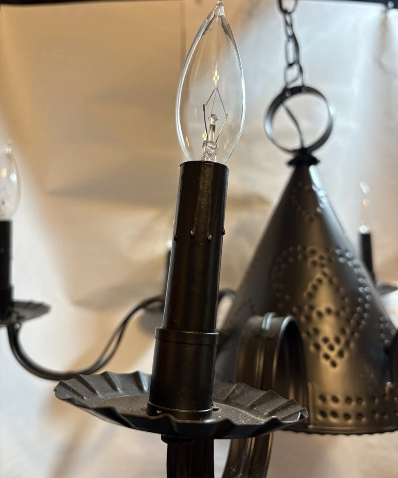 Chandelier Vintage Punched Tin Witch Hat 6 Arm Light Fixture With Bulbs 26" Diam - Image 4 of 4