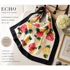 Echo 100 Silk Scarf Hydrangea Floral Square Made in Japan 34x34 Parisian