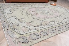 Vintage Turkish Large Rug 6,3x8,9 ft, White Gray Abstract Wool Rug