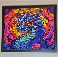 Vibrant 11x8 Stained Glass Style Dragon Wall Art Print Fantasy Decor, Framed