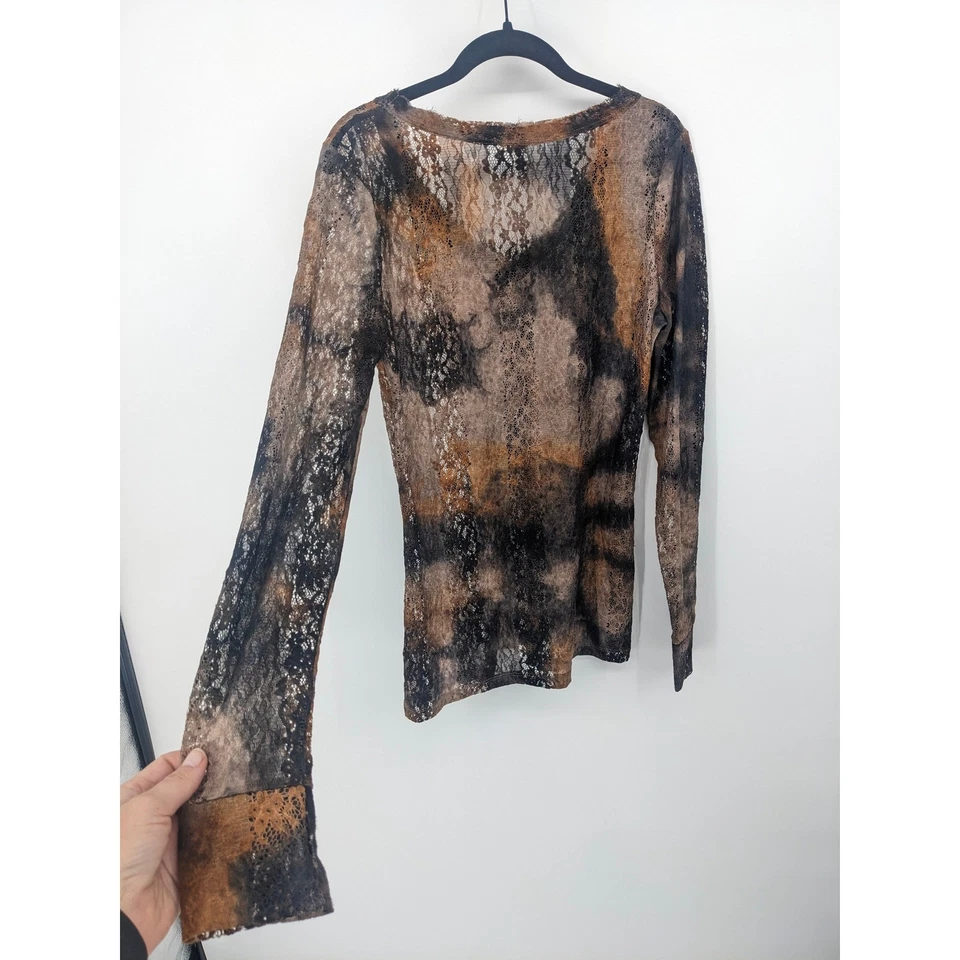 BKE Lace Sheer Top Women Large Tan Black Tie Dye Whimsigoth Y2K Grunge Mesh Shir - Image 3 of 4