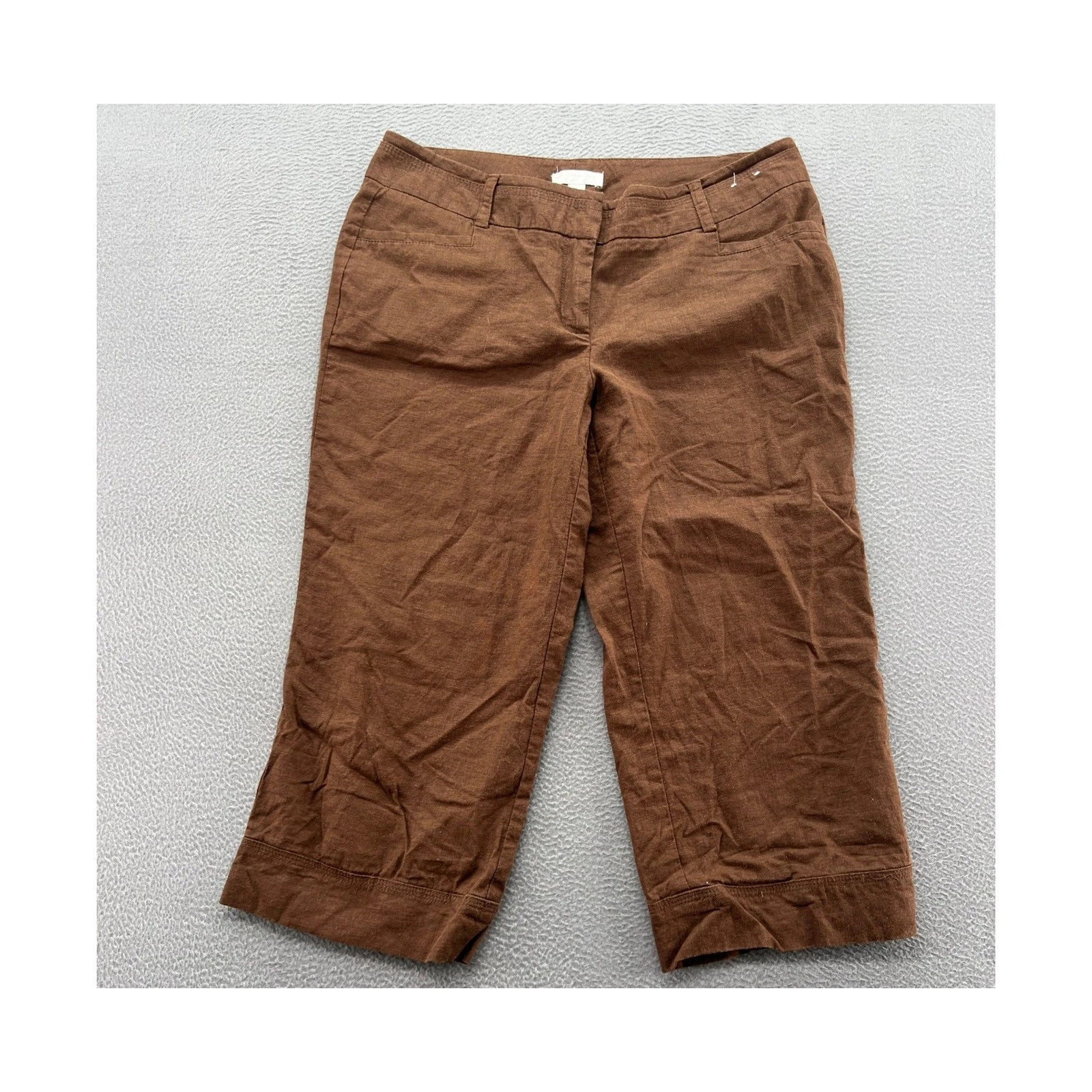 New York & Company Capri Pants Womens 10 Brown Linen Blend Crop Stretch
