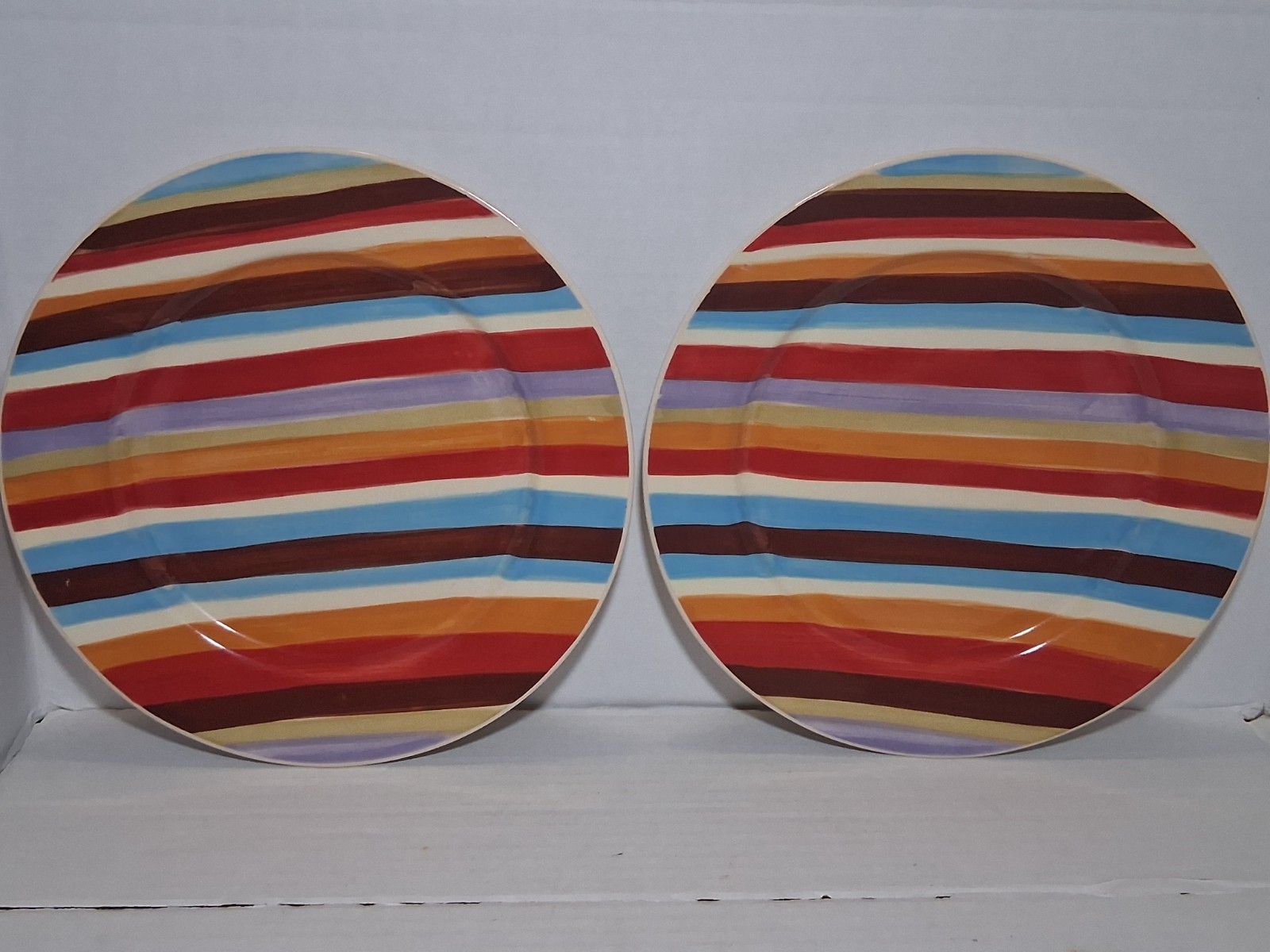 Pier 1 Urban Groove Stripe Hand Painted Earthenware Dinner Plates Set of 2