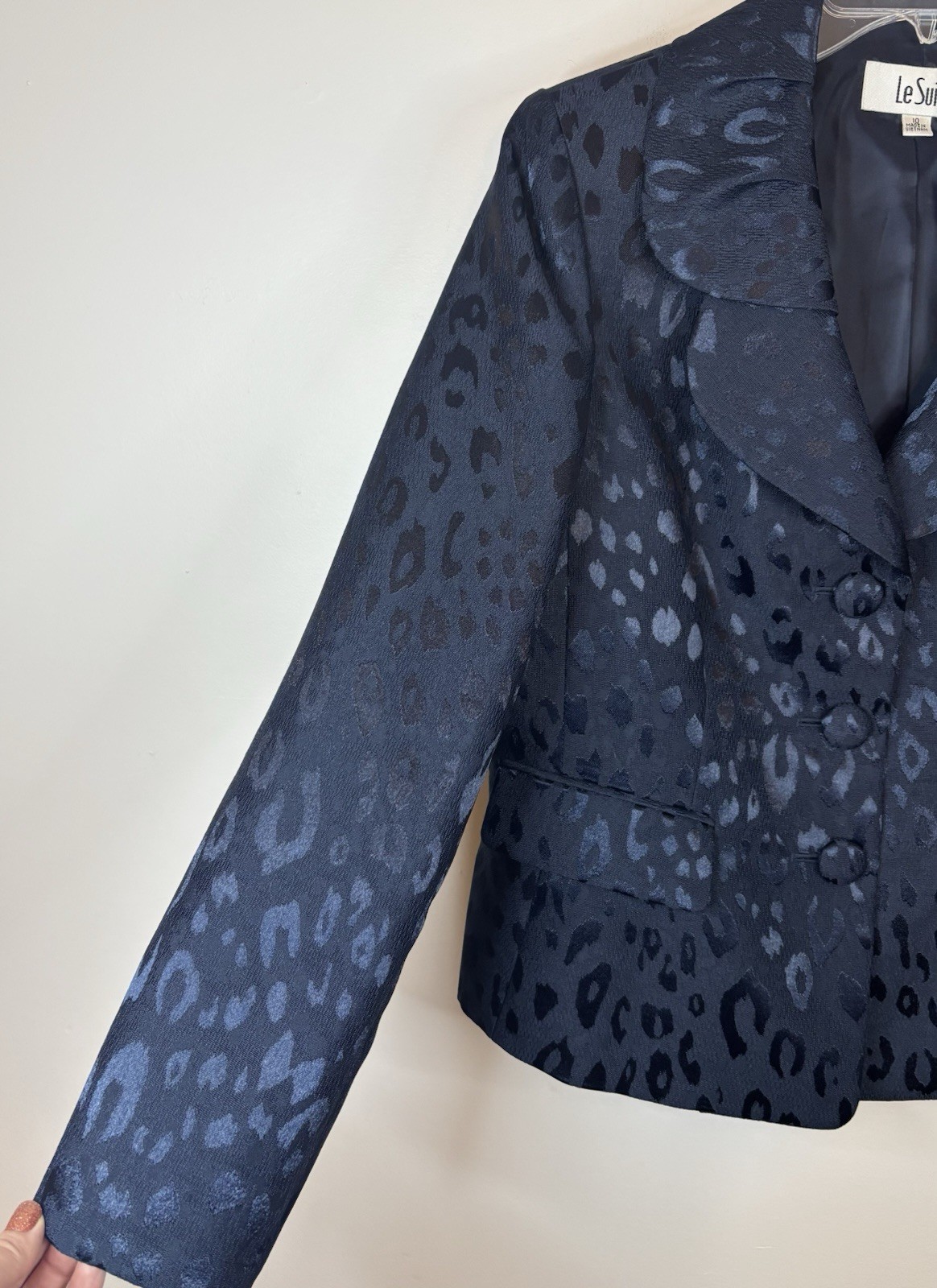 LE SUIT Majestic Courtyard Navy Blazer Skirt Set 10 Animal Print Office Business