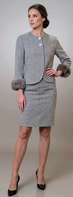 Vintage 60's Beeline Fashions Gray Wool Tweed Skirt Suit Set Fox Fur Cuffs S