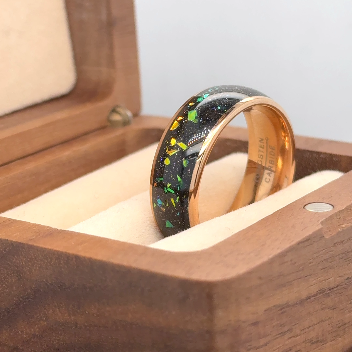Personalized Tungsten Wedding Band With Abalone & Opal – Men’s 8mm Ring