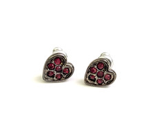 Gunmetal Gray Silver Tone Heart Stud Earrings with Red Rhinestones Dainty 9mm